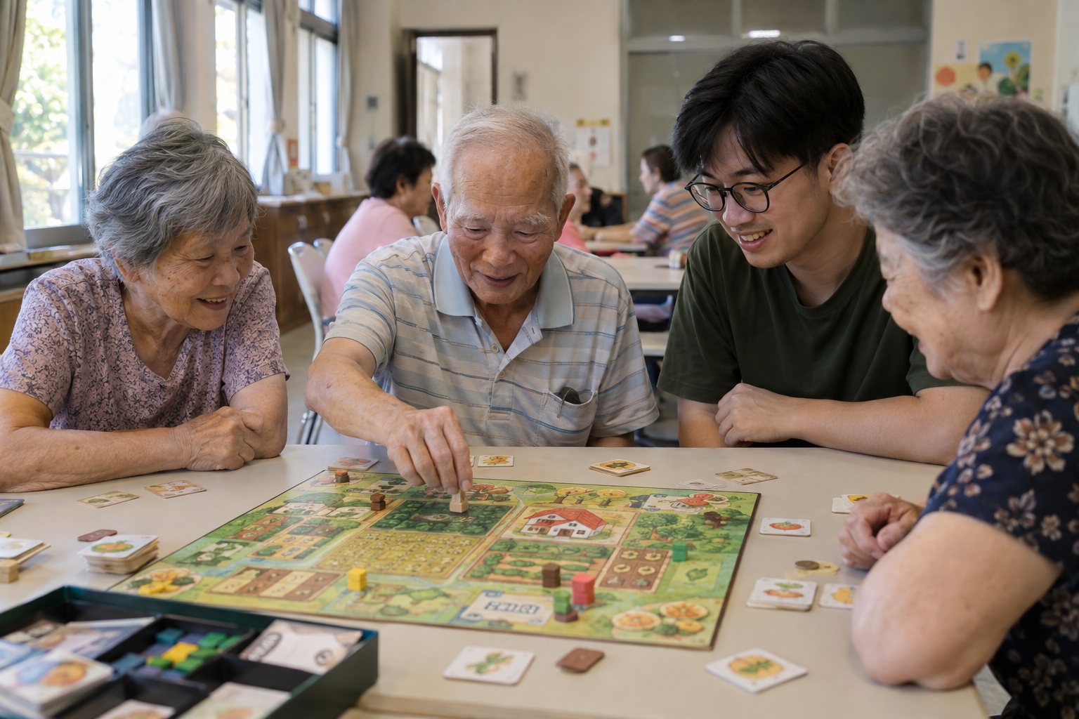 真人攝影風格 AI 示意:長者與青年圍桌體驗具有田地及農舍圖案的農村桌遊