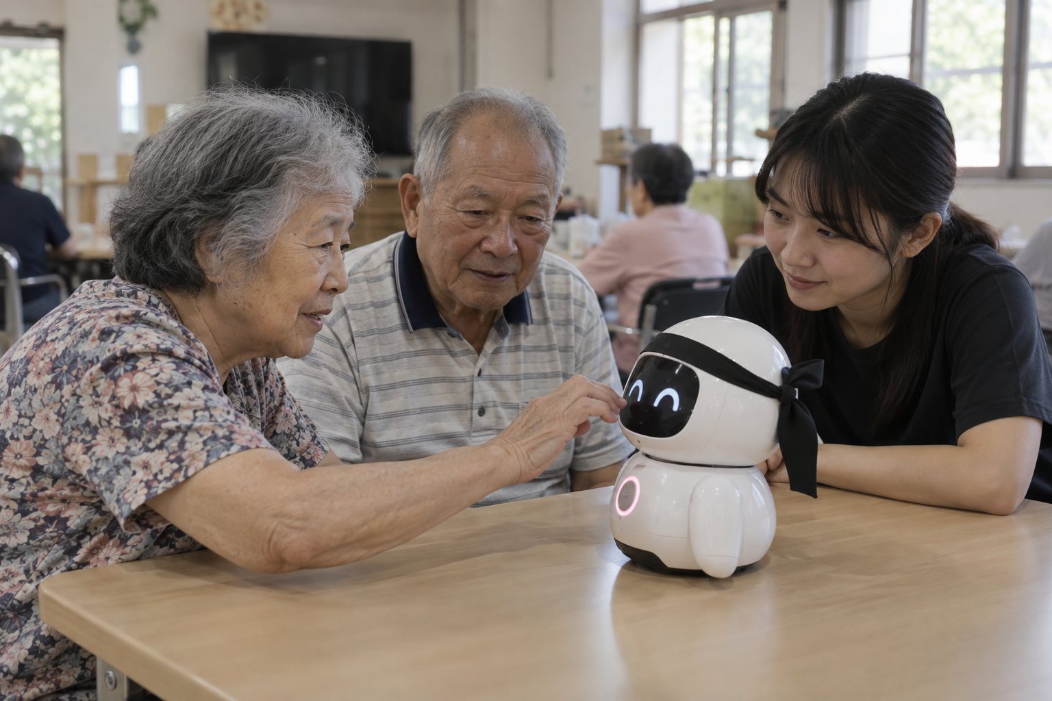 真人攝影風格 AI 示意：長者在青年陪伴下與桌上型忍者機器人互動